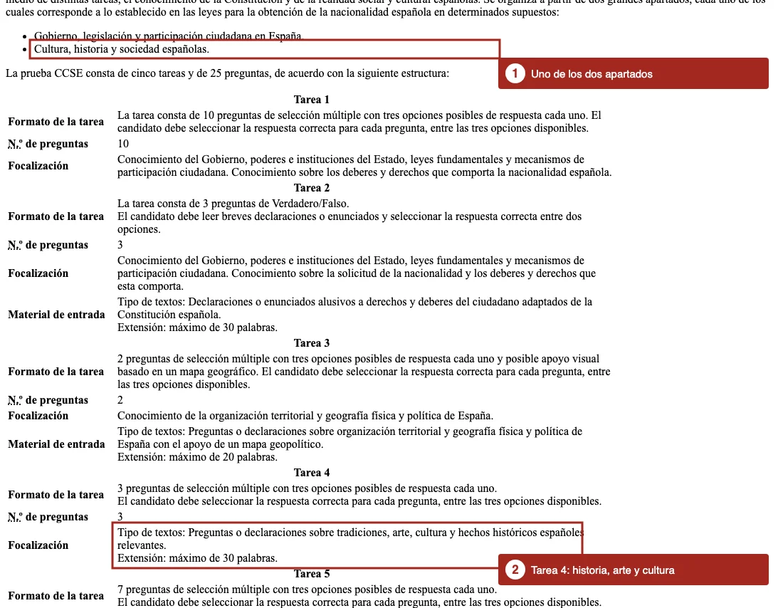Captura de la página Examen CCSE del Instituto Cervantes con dos pasajes enmarcados: el apartado Cultura, historia y sociedad españolas y la Tarea 4 sobre tradiciones, arte, cultura y hechos históricos