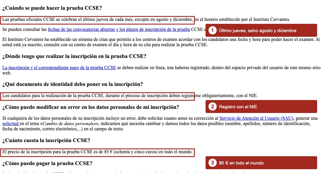Captura de las preguntas frecuentes del Instituto Cervantes con tres pasajes enmarcados: el último jueves de cada mes, el registro obligatorio con el NIE y el precio de 85 euros