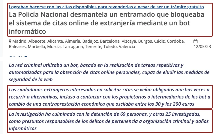 Captura de la nota del Ministerio del Interior con tres pasajes enmarcados en rojo: la cita revendida a pesar de ser un trámite gratuito, el precio de entre 30 y 200 euros y las 69 personas detenidas