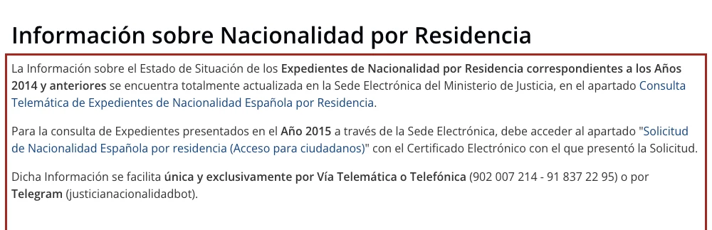 Captura de la página del Ministerio de Justicia con el aviso sobre expedientes de 2014 y anteriores, los de 2015, el teléfono y Telegram