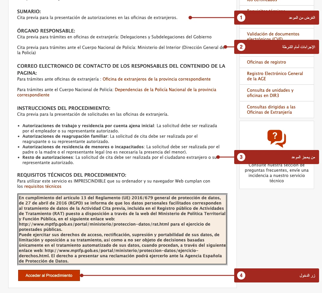 لقطة لصفحة Cita previa de extranjería على الموقع الرسمي مع أربع إشارات مرقمة: الغرض من الموعد وإجراءات الشرطة ومن يحجز الموعد وزر الدخول Acceder al Procedimiento