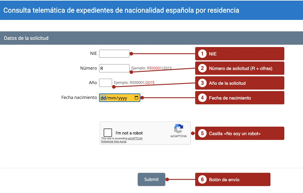 Captura del formulario de consulta telemática de expedientes de la sede del Ministerio de Justicia con seis llamadas numeradas: NIE, número, año, fecha de nacimiento, casilla de robot y botón de envío
