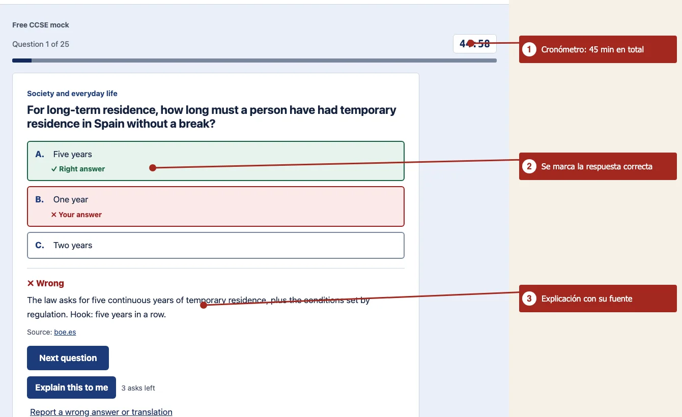 Screen of the CiviqPass CCSE mock showing the timer, the correct answer in green and the explanation with its source