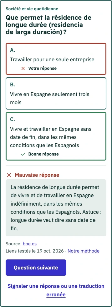 Capture du test blanc gratuit : une question avec sa réponse, son explication et un lien vers la source.